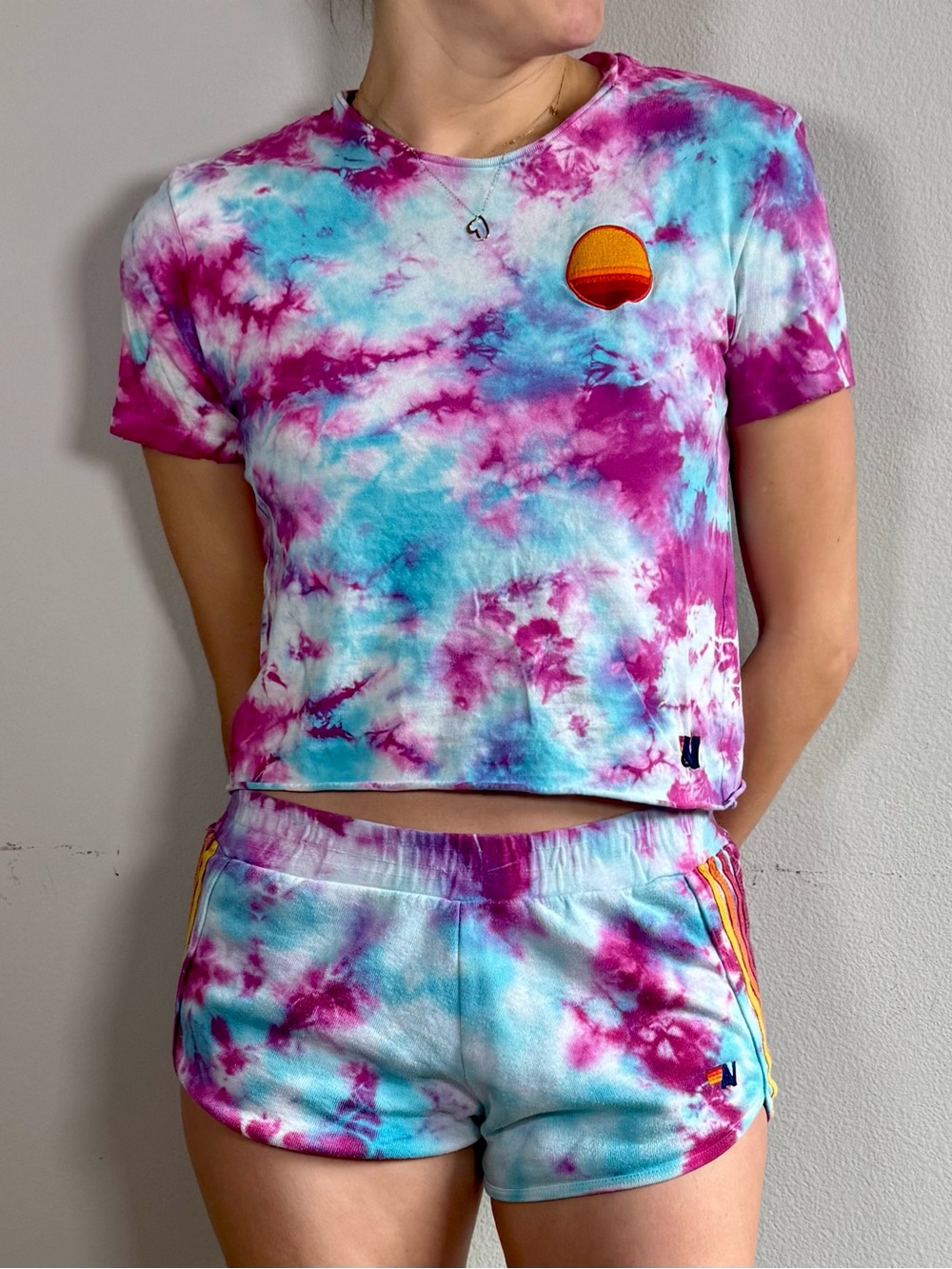 Aviator Nation Pink and Turquoise Tie-Dye Tee with Sunset Patch